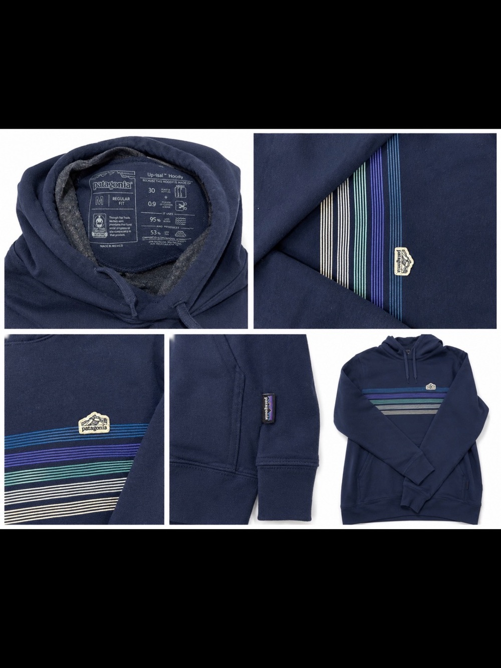 Patagonia Navy Zip-Up Hoodie with Multicolor Stripe Chest